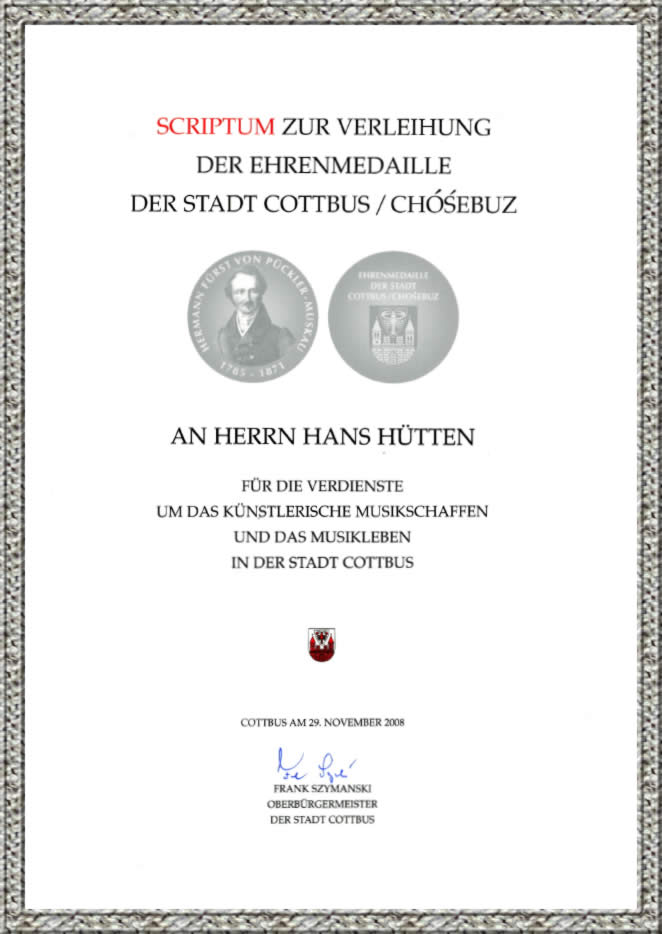 Scriptum zur Verleihung der Ehrenmedaille der Stadt Cottbus an Hans Hütten