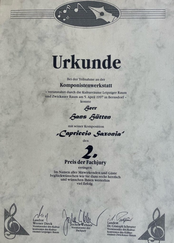Urkunde über den 2. Preis der Fachjury für die Komposition "Capriccio Saxonia" bei der Komponistenwerkstatt am 05.04.1997