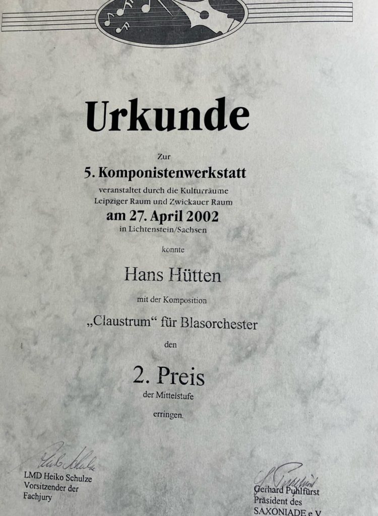 Urkunde über den 2. Preis der Mittelstufe bei der 5. Komponistenwerkstatt für die Komposition "Claustrum" für Blasorchester
