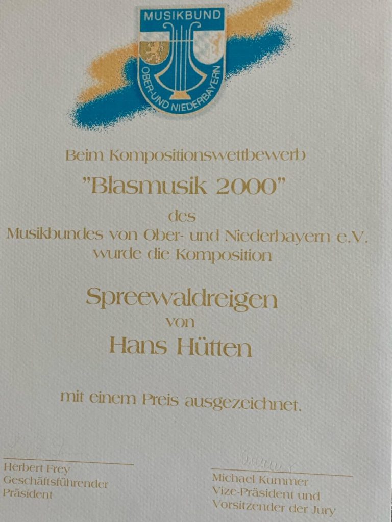 Urkunde über die Preisauszeichnung der Komposition "Spreewaldreigen" beim Kompositionswettbewerb Blasmusik 2000